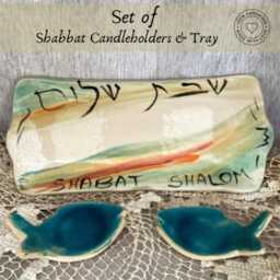Handmade Ceramic Shabbat Candlestick Set, Turquoise Fish Design, Jewish Wedding Israeli Art Gift