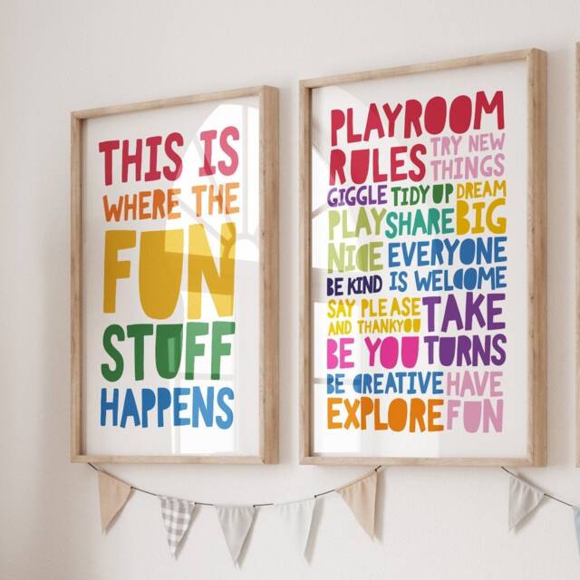 Set Of 2 Playroom Prints, Rules, Rainbow Wall Art, Sign, This Is Where The Fun Stuff Happens, Toddler, Boys Bedroom - image 1