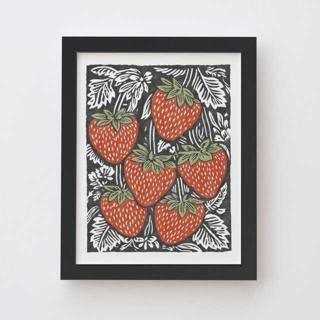 Strawberries Art Print - Vintage Inspired Plant Linocut Block Print Style Poster, Archival Fine Art Print. Cute Garden Folk Gift - image 1