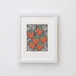 Strawberries Art Print - Vintage Inspired Plant Linocut Block Print Style Poster, Archival Fine Art Print. Cute Garden Folk Gift - thumbnail 2