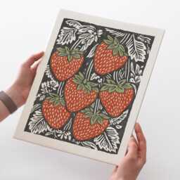 Strawberries Art Print - Vintage Inspired Plant Linocut Block Print Style Poster, Archival Fine Art Print. Cute Garden Folk Gift - thumbnail 3