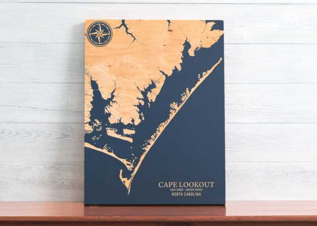 Cape Lookout, North Carolina Map - Engraved Wood Coastal Chart Wall Art Sign, Beach Home Decor Nautical Print, Unique Personalized Gift - image 1
