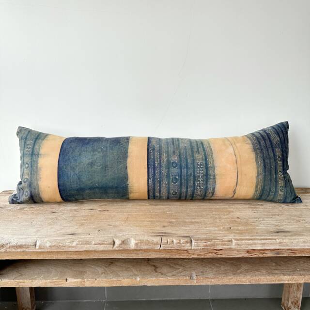 Vintage Hmong Hemp Lumbar Pillow Cover Rustic Ethnic Textile - 12x36 - image 1
