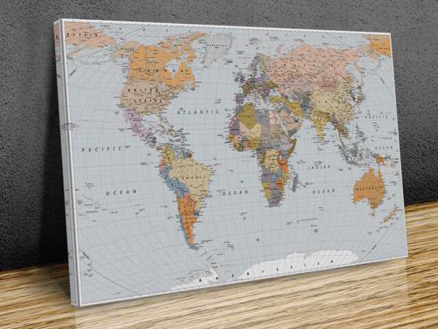 World Map High Resolution, Pastel Tones, Textured, Detailed Wall Art, Hangings, Home Decor, Mounted Canvas Print Ready To Hang - image 1