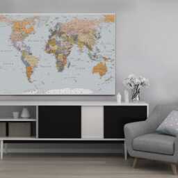 World Map High Resolution, Pastel Tones, Textured, Detailed Wall Art, Hangings, Home Decor, Mounted Canvas Print Ready To Hang - thumbnail 2
