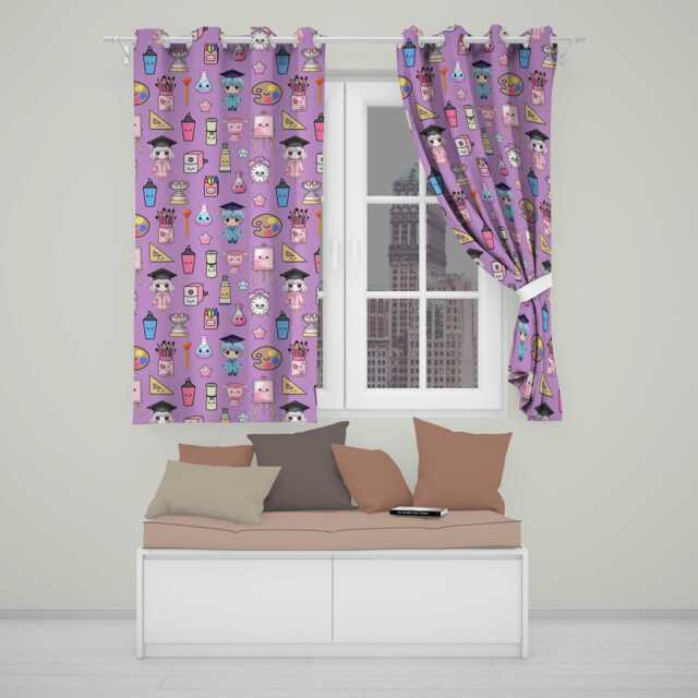 Cute Kawaii Graduation Student Art Supplies Purple Seamless Pattern Readymade Eyelet Ring Top Thermal 100% Blackout Curtains - image 1