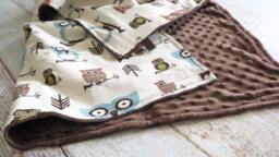 Baby Blanket - Boy Owl Woodland Brown Minky Shower Gift - thumbnail 1
