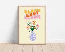 Funky Bloom Baby Print - Retro Floral Poster, Groovy Smiling Face, Plants Flowers, Trendy, Aesthetic, 60S 70S Art - thumbnail 1