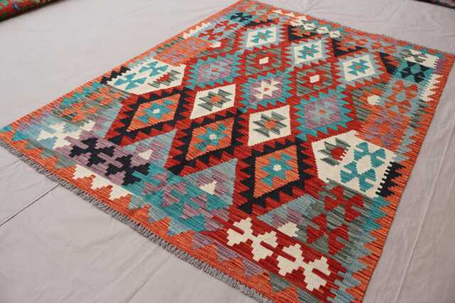 4x6 Kilim Rug, Geometric Area Flatweave Afghan Handmade Wool Carpet, Red Orange Beige Blue, Rugs For Bedroom Living Room Rug - image 1
