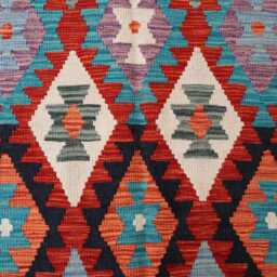4x6 Kilim Rug, Geometric Area Flatweave Afghan Handmade Wool Carpet, Red Orange Beige Blue, Rugs For Bedroom Living Room Rug - thumbnail 3