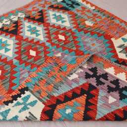 4x6 Kilim Rug, Geometric Area Flatweave Afghan Handmade Wool Carpet, Red Orange Beige Blue, Rugs For Bedroom Living Room Rug - thumbnail 4