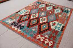 4x6 Kilim Rug, Geometric Area Flatweave Afghan Handmade Wool Carpet, Red Orange Beige Blue, Rugs For Bedroom Living Room Rug - thumbnail 1