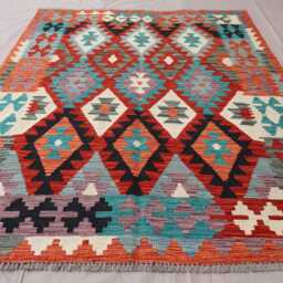 4x6 Kilim Rug, Geometric Area Flatweave Afghan Handmade Wool Carpet, Red Orange Beige Blue, Rugs For Bedroom Living Room Rug - thumbnail 2