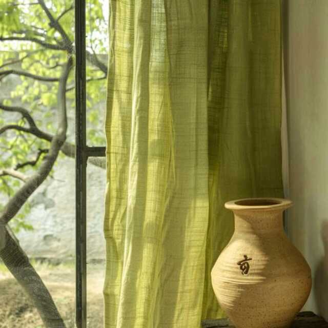 Green Linen Curtain, Light Filtering Privacy Panel, Handmade Farmhouse Decor - image 1