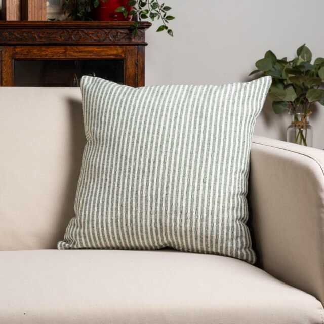 Woven Ticking Stripe Cushion Cover in Hunter Green. Nautical Stripes, Modern Design. 17x17 - image 1