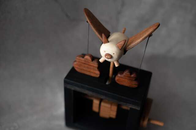 Flying Pig Automate Handcrafted. Wooden Kinetic Sculpture, Automaton Handmade Wood. Original Gift, Figurine Automatic. Present Idea - image 1