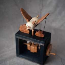 Flying Pig Automate Handcrafted. Wooden Kinetic Sculpture, Automaton Handmade Wood. Original Gift, Figurine Automatic. Present Idea - thumbnail 2