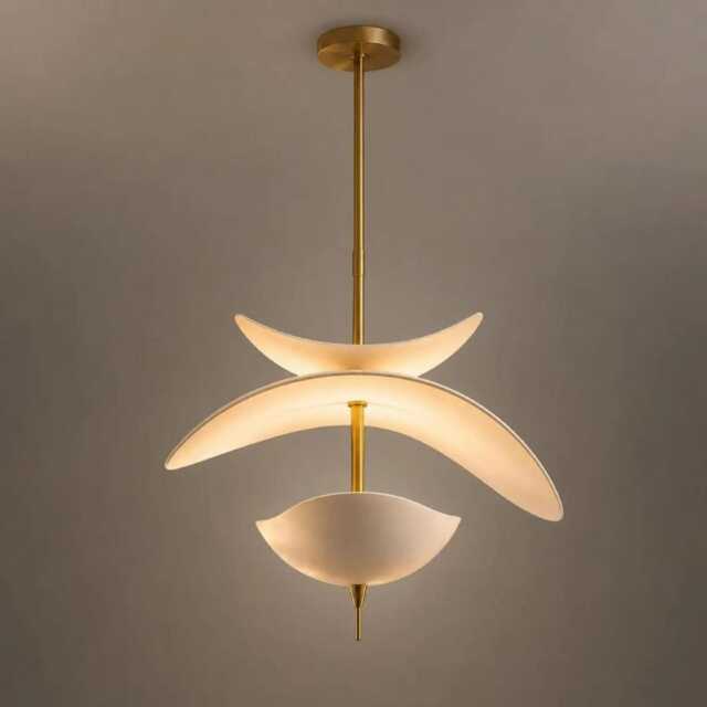 Modern Brass Sculptural Pendant Light - Curved Designer Chandelier, 24 Inch Acrylic Shades - image 1
