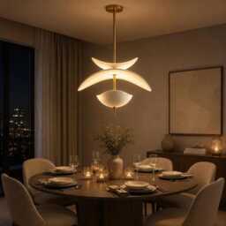 Modern Brass Sculptural Pendant Light - Curved Designer Chandelier, 24 Inch Acrylic Shades - thumbnail 4