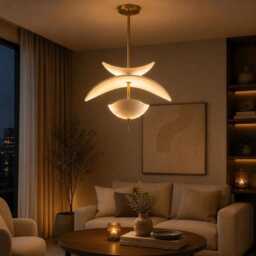 Modern Brass Sculptural Pendant Light - Curved Designer Chandelier, 24 Inch Acrylic Shades - thumbnail 3