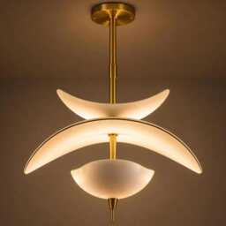 Modern Brass Sculptural Pendant Light - Curved Designer Chandelier, 24 Inch Acrylic Shades - thumbnail 2