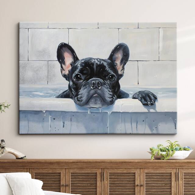 French Bulldog Bath Tub Dog Bathroom Oil Painting Framed Poster Print Or Canvas Wall Decor Art Bedroom Home Interior Pet Lover Gift - image 1