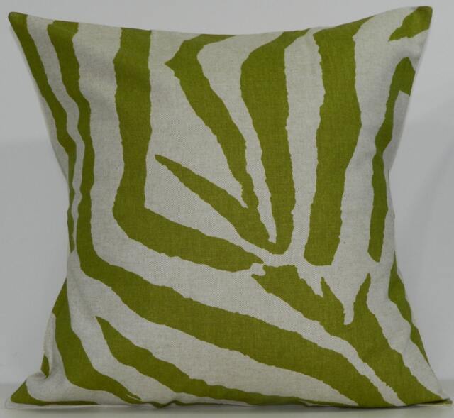 New 18x18 Inch Designer Handmade Pillow Case. Large Zebra Print in Olive & Linen Color Fabric