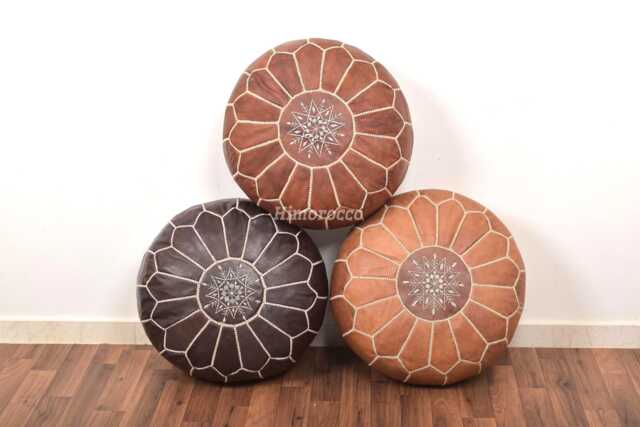 Leather Moroccan Pouf - Ottoman Footstool Natural Pouffe Floor Pouf - image 1