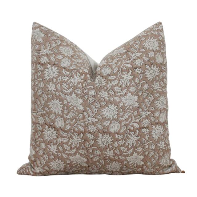 Hand Block Print Brown Pillow Cover - Fall Botanical Blocked 20 X 16 26 -- Lata - image 1