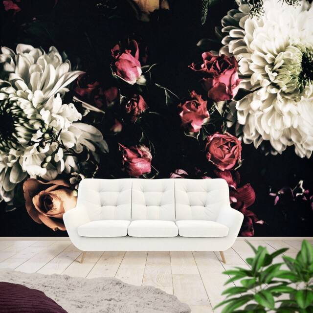 Dark Floral Wallpaper, Floral Wallpaper, Removable Wallpaper, Self Adhesive Wallpaper, Floral Wall Mural, Dark Mural, Peel & Stick Mural, Bouquet - image 1