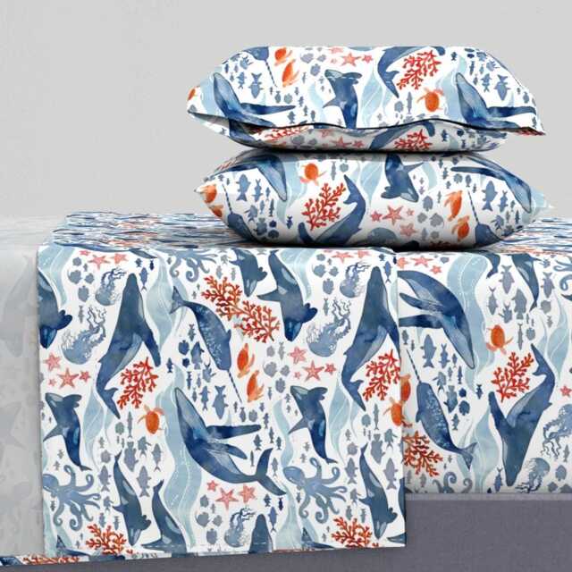 Whales Sheets - Ocean Life Blue & Coral By Adenaj Watercolor Animals Adenaj Cotton Sateen Sheet Set Bedding Spoonflower - image 1