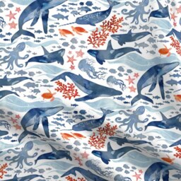 Whales Sheets - Ocean Life Blue & Coral By Adenaj Watercolor Animals Adenaj Cotton Sateen Sheet Set Bedding Spoonflower - thumbnail 4