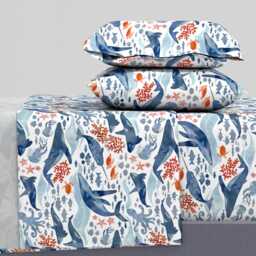 Whales Sheets - Ocean Life Blue & Coral By Adenaj Watercolor Animals Adenaj Cotton Sateen Sheet Set Bedding Spoonflower - thumbnail 1