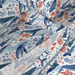Whales Sheets - Ocean Life Blue & Coral By Adenaj Watercolor Animals Adenaj Cotton Sateen Sheet Set Bedding Spoonflower - thumbnail 2