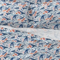 Whales Sheets - Ocean Life Blue & Coral By Adenaj Watercolor Animals Adenaj Cotton Sateen Sheet Set Bedding Spoonflower - thumbnail 3