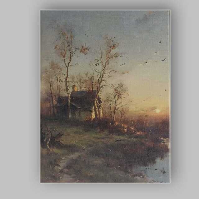 Rustic Cottage By Water Sunset Countryside Landscape Canvas Wall Art Print Decor Picture Ready To Hang - image 1