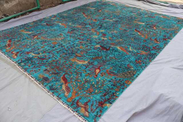 9x12 Birds Pictorial Rug - Turquoise Blue Afghan Hand Knotted Veg Dyes Wool Area One Of A Kind Art Tree Life Gabbeh Boho - image 1