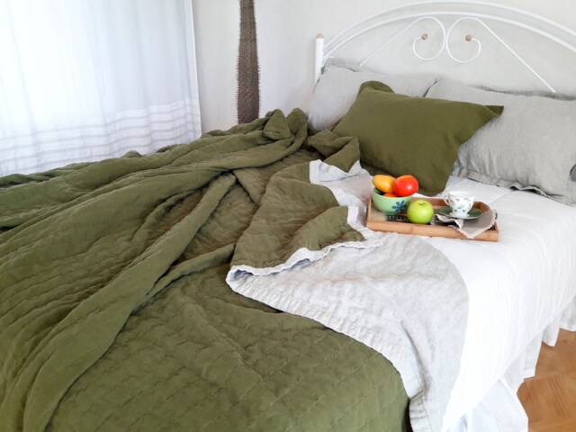 Lightweight Linen Quilt, Oversized Stonewashed Bedding, Extra Large Custom Two-Tone Modern Bedspread - image 1