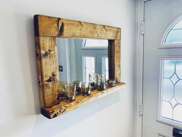 Handcrafted Rustic Wood Wall Mirror With Shelf A Stunning English Oak Waxed Finish Perfect For That Entry Hall Way - image 1