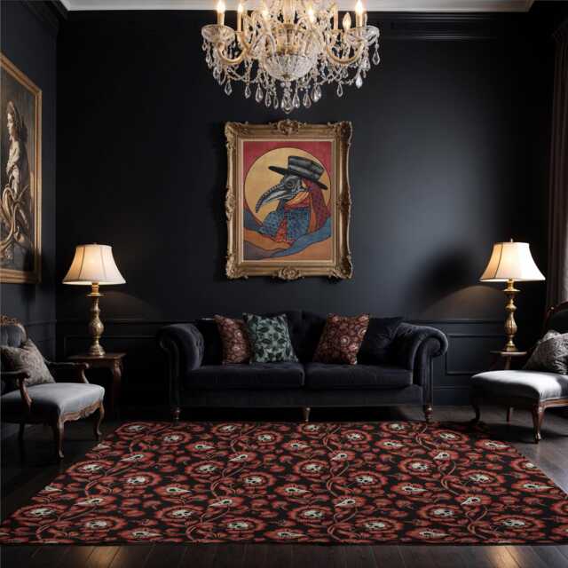 Red Gothic Floor Mat, Flat No-Pile Moody Maximalist Area Rug with Spooky Goth Victorian Floral Skull Pattern, Baroque Dark Academia Home Decor - image 1
