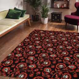 Red Gothic Floor Mat, Flat No-Pile Moody Maximalist Area Rug with Spooky Goth Victorian Floral Skull Pattern, Baroque Dark Academia Home Decor - thumbnail 2