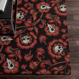 Red Gothic Floor Mat, Flat No-Pile Moody Maximalist Area Rug with Spooky Goth Victorian Floral Skull Pattern, Baroque Dark Academia Home Decor - thumbnail 3