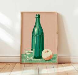 Green Bottle Poster, Caf?? Still Life Print, Kitchen Wall Art
