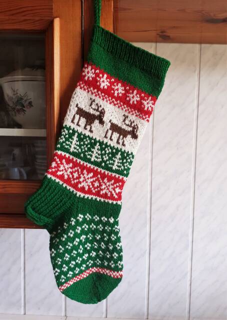 Hand Knit Christmas Stocking, Nordic Reindeer Design, Green & Red Holiday Decor - image 1