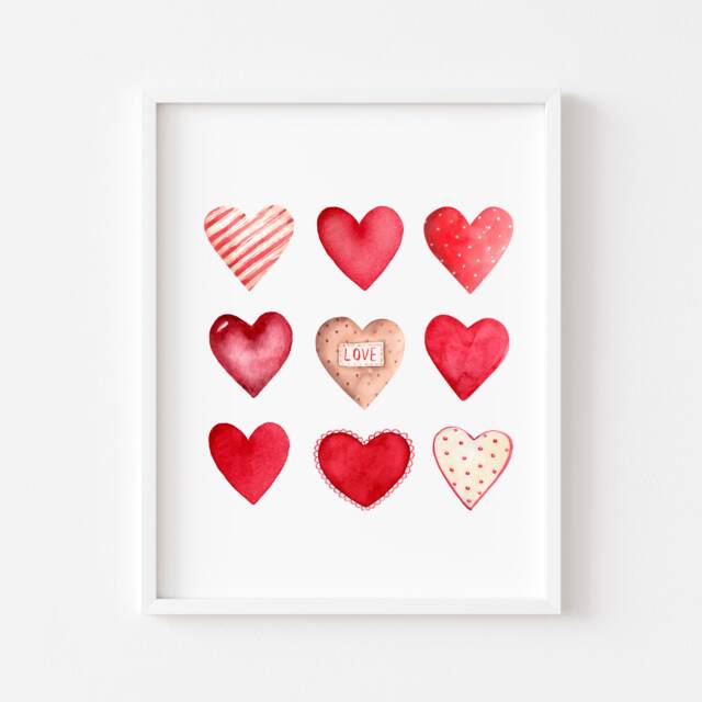 Valentines Day Print, Red & Pink Watercolour Hearts Home Unframed Wall Art - image 1