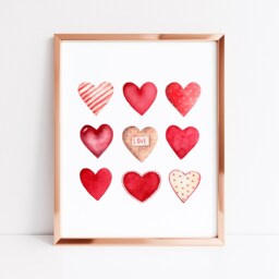 Valentines Day Print, Red & Pink Watercolour Hearts Home Unframed Wall Art - thumbnail 3