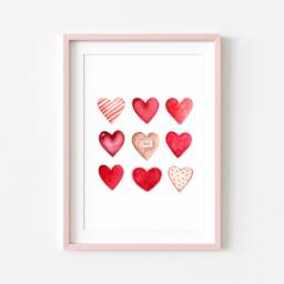 Valentines Day Print, Red & Pink Watercolour Hearts Home Unframed Wall Art - thumbnail 2