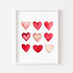 Valentines Day Print, Red & Pink Watercolour Hearts Home Unframed Wall Art - thumbnail 1