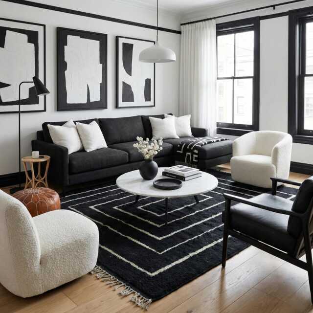 Authentic Black Moroccan Rug - Minimalist White Geometric Lines Wool Carpet Modern Monochromatic Area - image 1