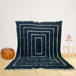 Authentic Black Moroccan Rug - Minimalist White Geometric Lines Wool Carpet Modern Monochromatic Area - thumbnail 2